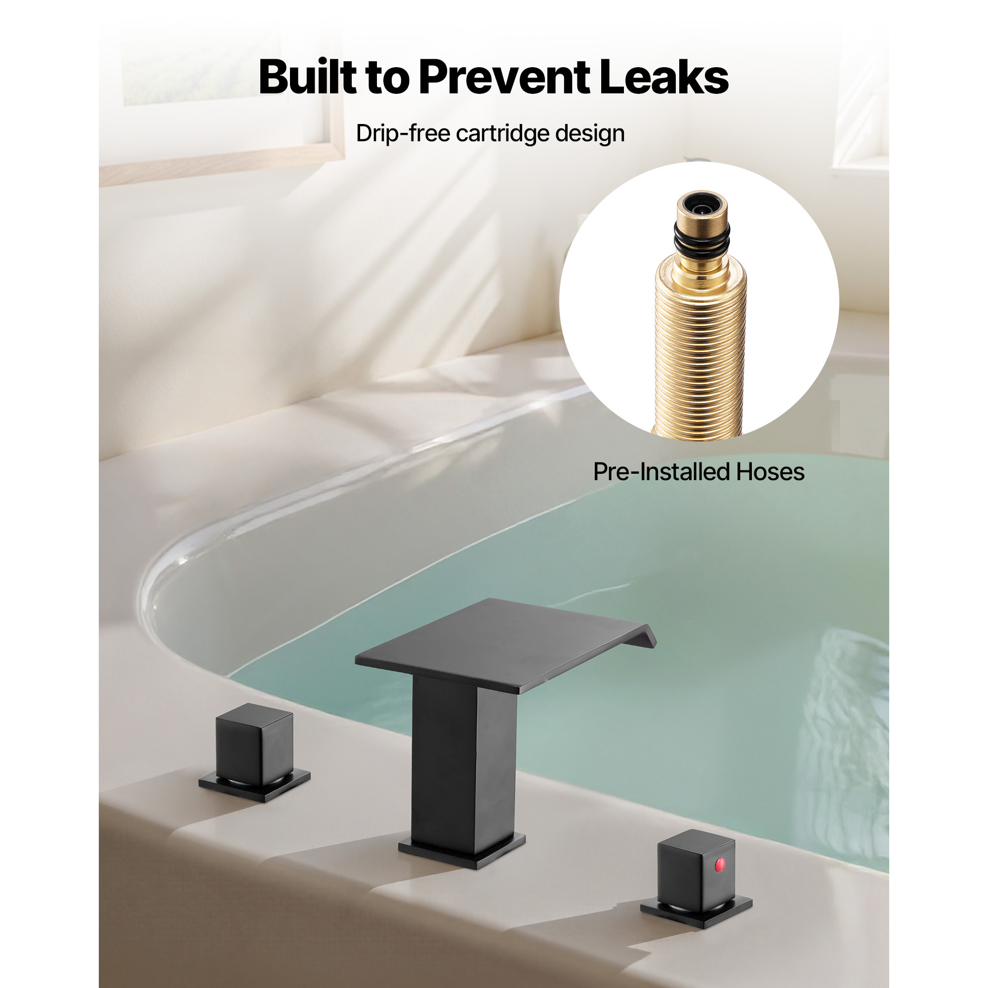 KFFKFF Roman Tub Faucet, 3-Hole Waterfall Bathtub Faucet, Deck-Mounted Bath Faucet Set with Dual Handles, Ideal for Bathing, Pet Cleaning, and Baby Care, Matte Black, Leak-Resistant