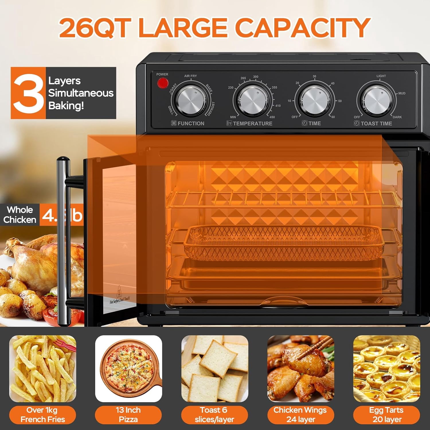 PlumChef 26QT Large capacity French Double-Door Air Fryer Convection Toaster Oven, 1700W, 7 Preset Menus, 7-in-1 Multi-Function for Bake, Roast, Grill, Toast, Dehydrate Defrost, Stainless Steel,Black