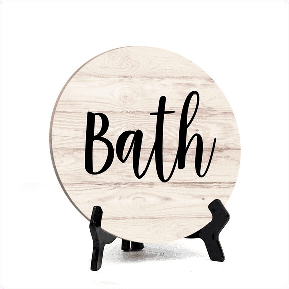 Round Bath, Light Wood Color Bathroom Table Sign with Acrylic Easel (5 x 5")