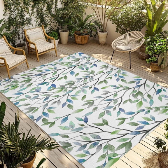 Blue Green Eucalyptus Outdoor Rug for Patio/Deck/Porch, Non-Slip Large Area Rug 5 x 7 Ft, Spring Botanical Leaves Weeping Indoor Outdoor Rugs Washable Area Rugs, Reversible Camping Rug Carpet Runner