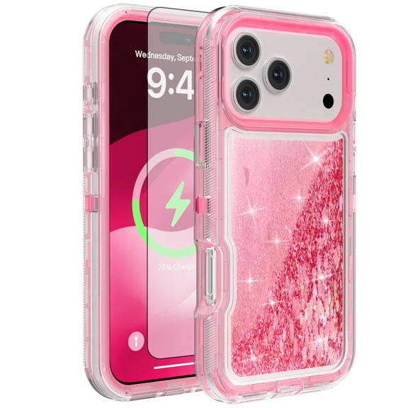 Asuwish Phone Case For iPhone 17 Pro Max 6.9 inch Tempered Glass Screen Protector Bling Liquid Clear Hybrid Shockproof Military Grade Protective Heavy Duty Cell Cover i Phone17ProMax Women Girls Pink