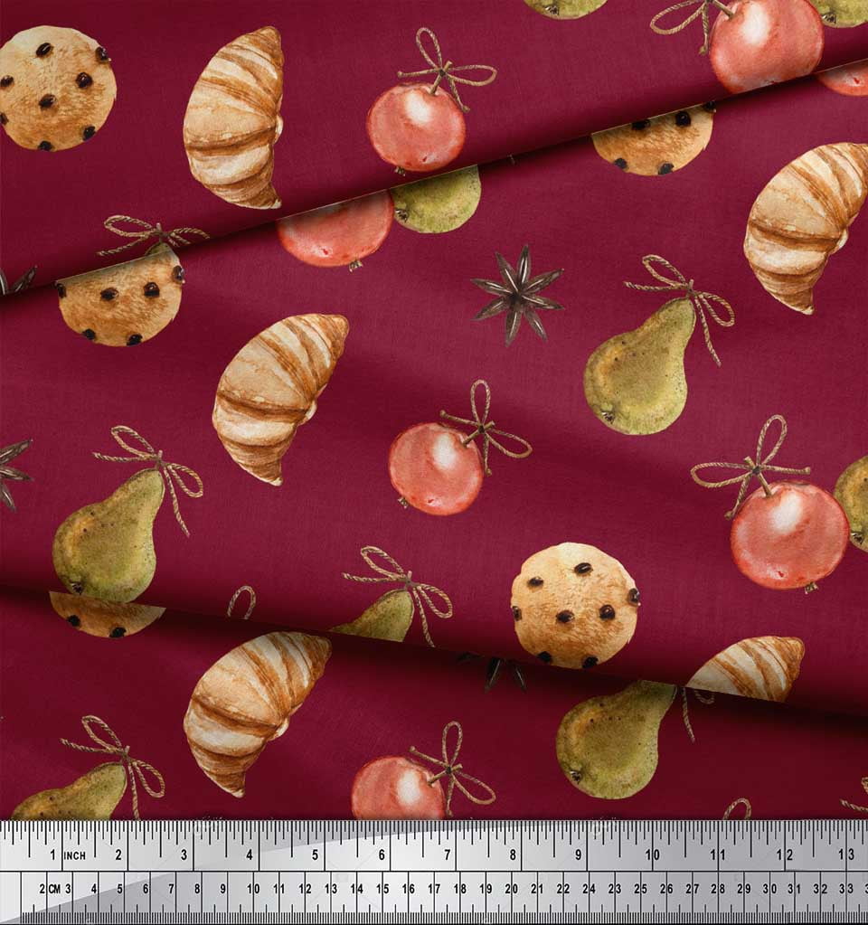 Soimoi Red Rayon Fabric Cookies & Oranament Christmas Printed Fabric 1 Yard 56 Inch Wide