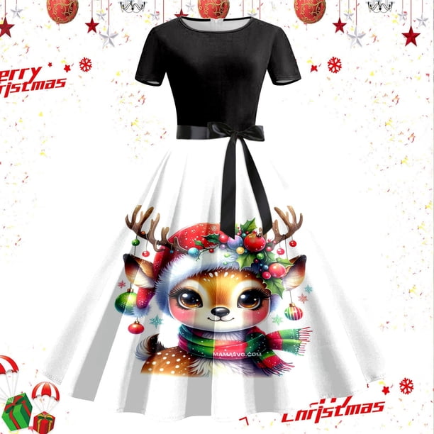 Vestidos de Mujer Vestido de Fiesta de Noche de Manga Corta Con Estampado Navideño de Los Años 50
