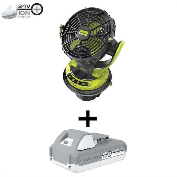 Restored Sun Joe 24V-MSTFAN-LTE 24-Volt iON Cordless Indoor/Outdoor Misting Fan Kit W/ 6-Gallon Portable Bucket | 60 Sq. Ft. Coverage | W/ 2.0-Ah Battery Charger Refurbished