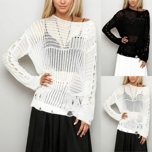 Summer Cover Up for Women Open Knit Pullover Sweater Long Sleeve Loose Lacy See Through Yarn Weave Casual Elegant Crewneck Blouse