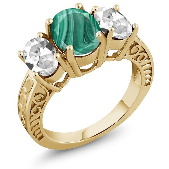 Gem Stone King 4.50 Ct Green Malachite White Created Sapphire 18K Yellow Gold Plated Silver Ring (Size 8)