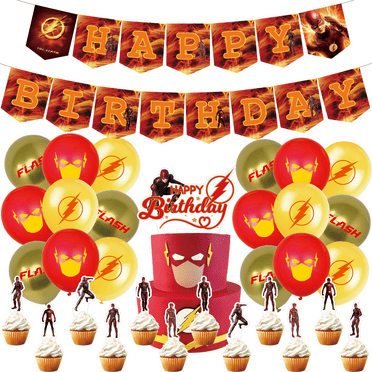 32 Pcs For The Flash Theme Birthday Party Decoration Set - Includes Happy Birthday Banner, Cake Topper, Cupcake Toppers, and Balloons for Kids’ Celebrations