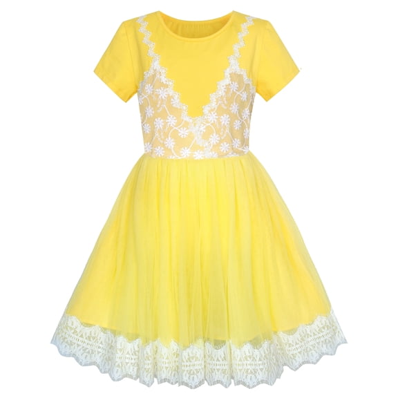 Girls Dress 2-in-1 Lace Yellow Short Sleeve Party Dress 5 Years