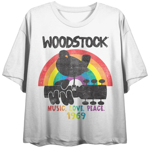 Woodstock Rainbow With Multi Color Art Women's White Short Sleeve Crop Tee-XS