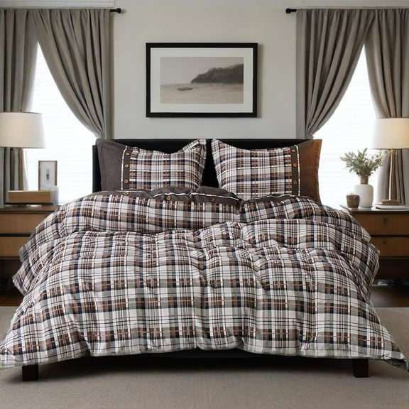 Simple&Opulence 100% Cotton Buffalo Check Plaid Printed Duvet Cover Set, 3 Piece Bedding Set Including 1 Comforter Cover and 2 Pillow Shams, Soft and Comfortable (King,Coffee)