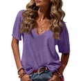 thumbnail image 2 of Hogleaql Womens Summer Tops Soft Short Sleeve V Neck T Shirts Dressy Solid Color Relaxed Fit Loose Outfits Purple 2XL, 2 of 3