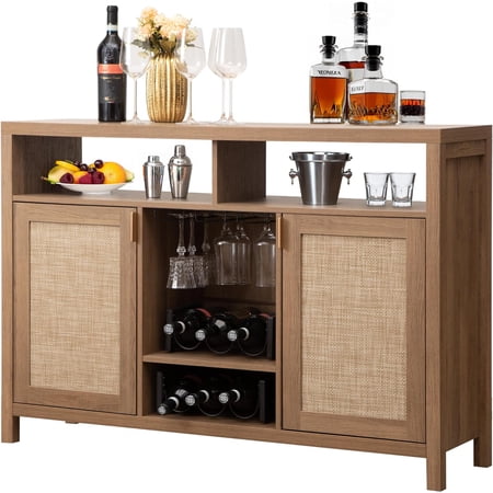 Coffee Bar Cabinet, 51" Rattan Sideboard Buffet Cabinet with Storage, Boho Farmhouse Liquor Cabinet with Wine Racks Credenza Console Table for Home Living Dining Room Entryway, Natural