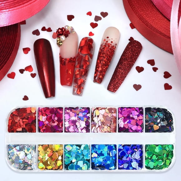 Glitter para uñas AWDSLUY de 12 compartimentos con corazones y lentejuelas multicolor