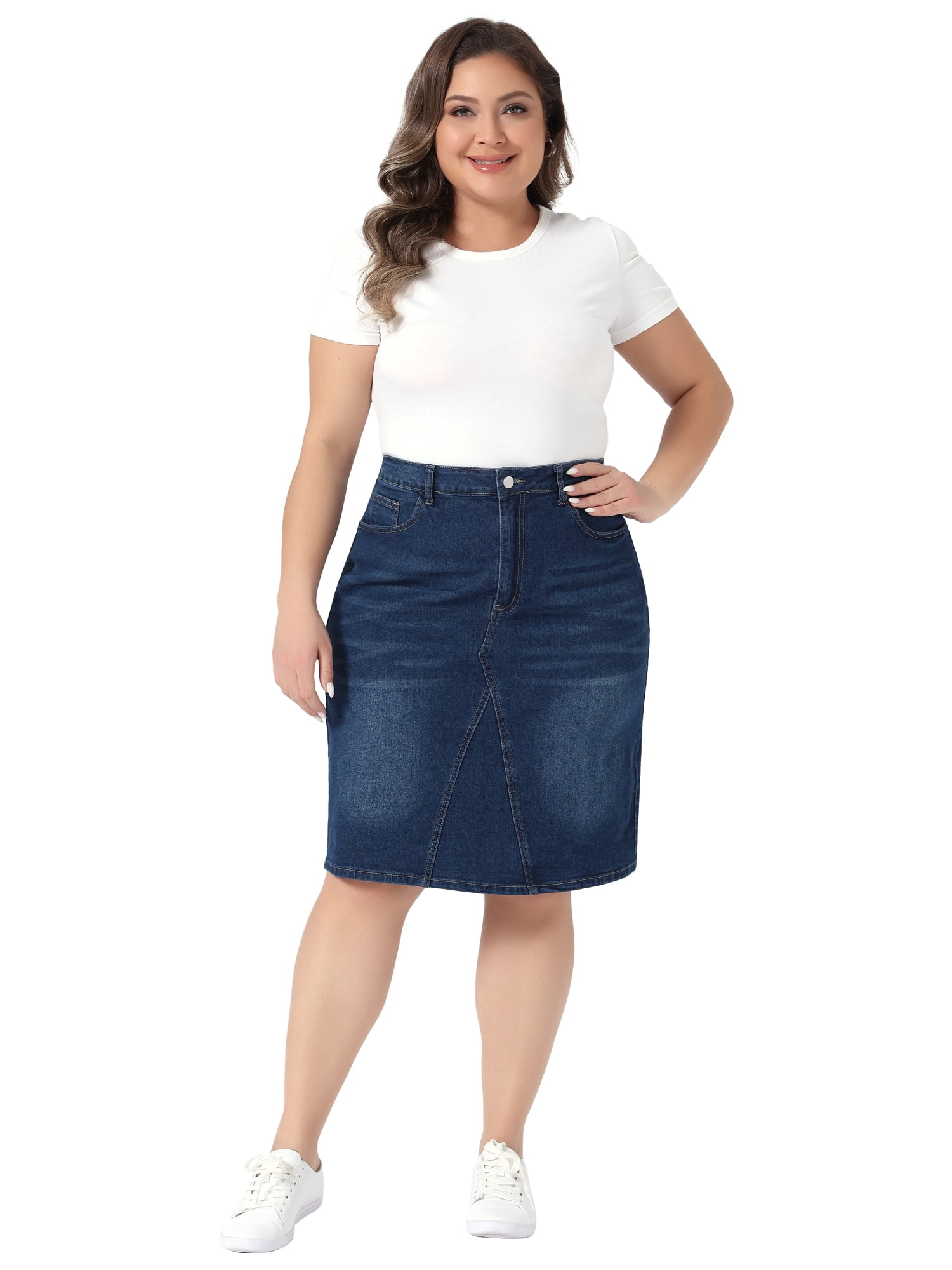 DARING DIVA Women's Plus Summer High Waist Knee Length Denim Skirt 3X Dark Blue