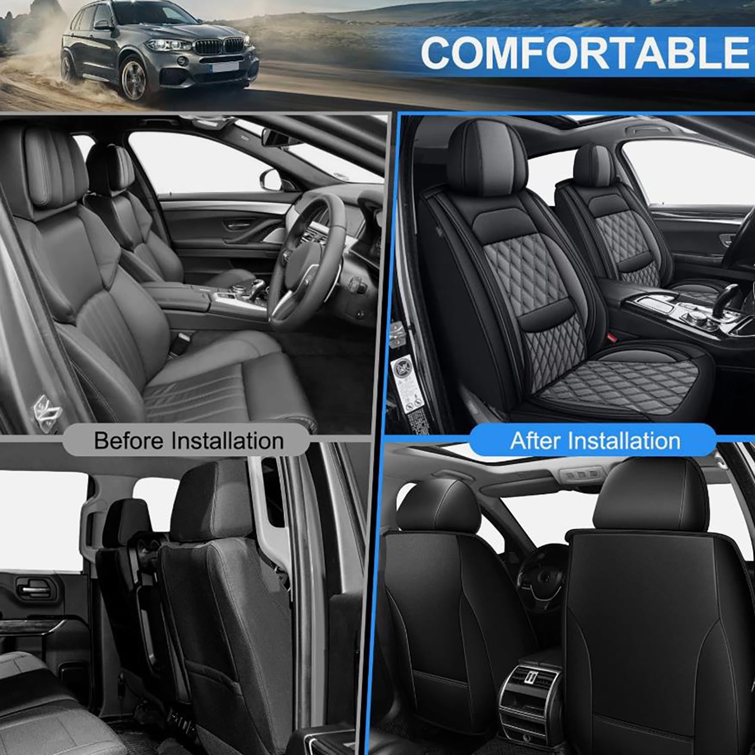 Car Seat Covers Full Set for Car Seat Covers Custom Fit for Nissan Sentra 2008-2026 2 Rows 5-Seat Set Faux Leather Seat Covers Waterproof Car Seat Protector (5-Seat Set, Black&Gray)