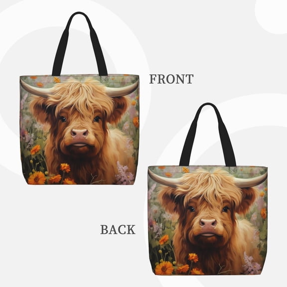 Lafuoo Cute Floral Cow Pattern Single Shoulder Convenience Bag, Large Capacity Zippered Handbag for Shopping, Unisex-One Size