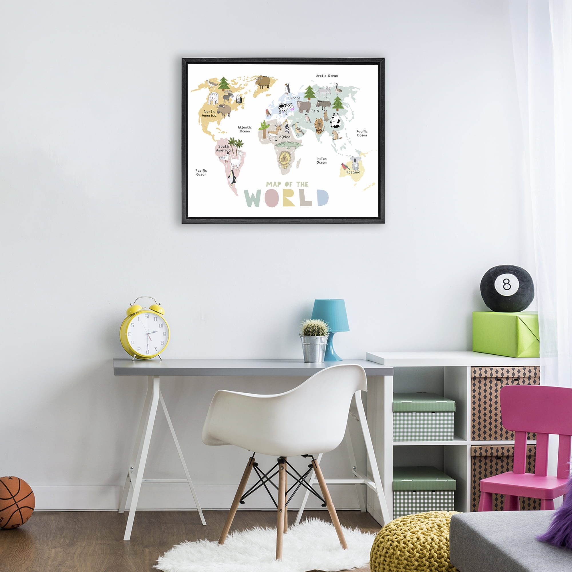 Map Of World Pastel Animals Black Framed Floater Canvas Wall Art, design by Carla Daly