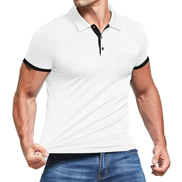 Polo Classique pour Homme à Manches Courtes et Longues, Décontracté, Ajusté, en Coton Doux avec Poche