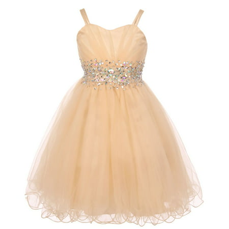 Little Girls Champagne Stone Encrusted Pleated Tulle Party Dress 2-6