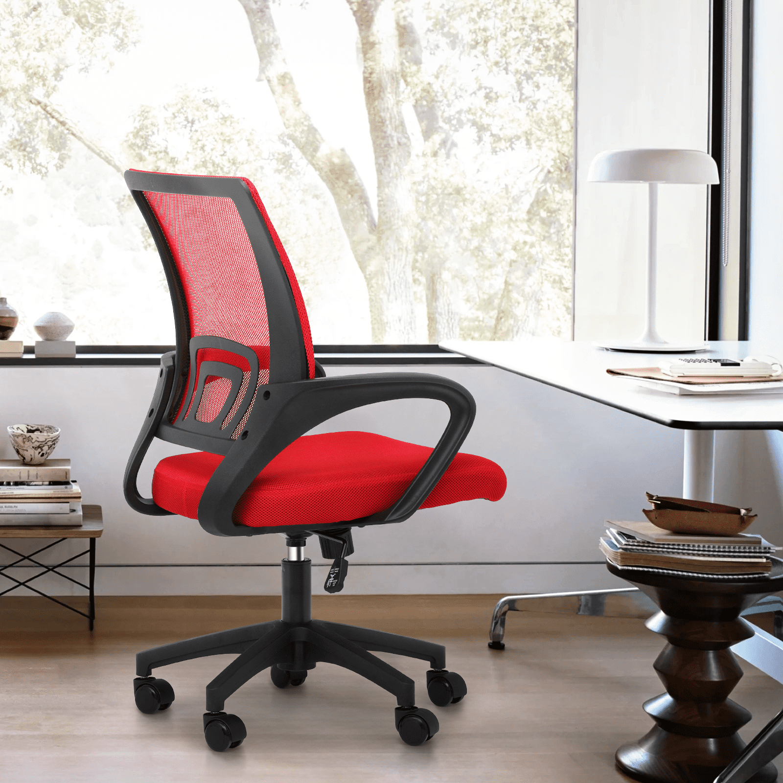 Magshion Set of 2 Office Chairs Mid Back Swivel Desk Chairs, Height Adjustable Ergonomic Mesh Computer Chairs with Armrest & Lumbar Support, Red