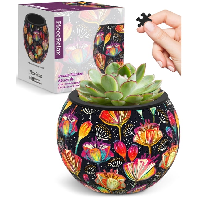 Maceta con forma de rompecabezas 3D, diseño de amapolas coloridas, 80 unidades