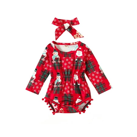 

AMILIEe Little Baby Girls 2Pcs Christmas Outfits Long Sleeve Elastic Waist Romper + Headband Set
