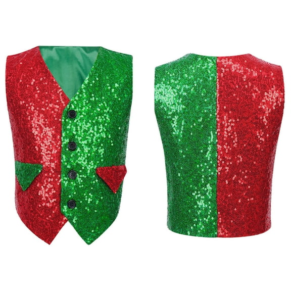 DPOIS Kids Boys Christmas Elf Costume Waistcoat Color Block Sequined Vest Tops Red&Green 6