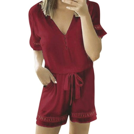 

Womens Jumpsuits Dressy Lace Patchwork V-Neck Short Sleeve With Pockets Playsuits Overalls Red M