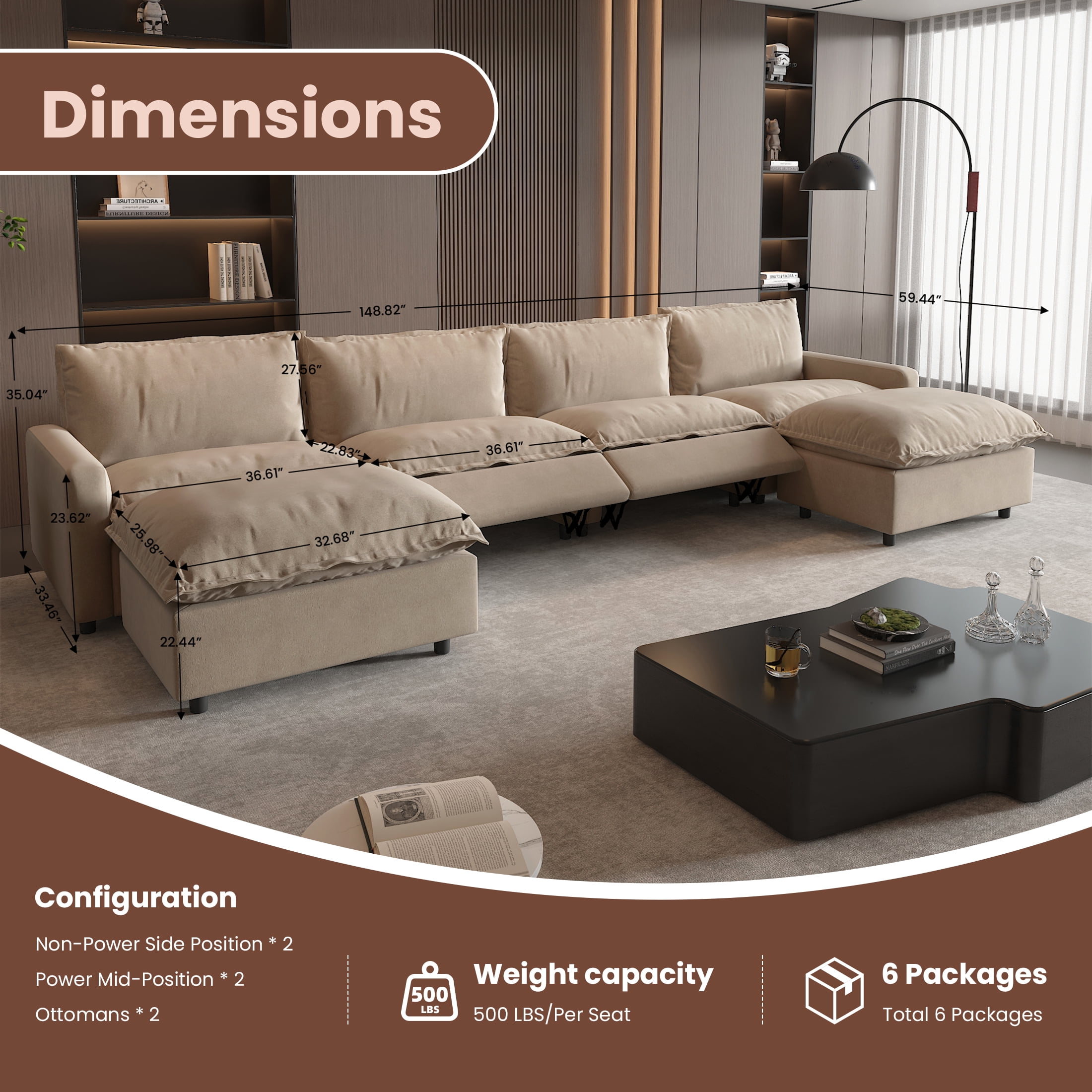 Magic Home Power Recliner Sofa Couch Set, 4 Seat Electric Recliner with Heating, USB Ports for Families and Friends, Modern Electric Recliner Sofa for Living Room Home Theater, Khaki