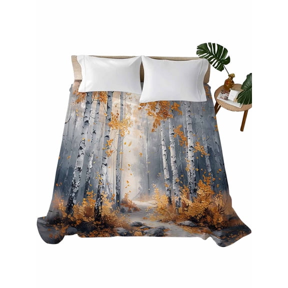 King Size Flat Sheet Only, Orange Navy Blue Soft Brushed Microfiber Bed Sheets, Modern Oil Painting Art Forest Hotel Quality Breathable Bedding Top Sheet, Easy Care, 105"x98"