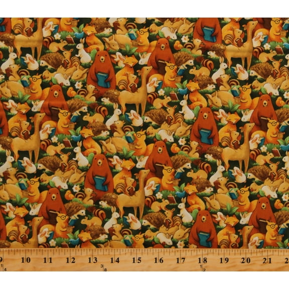 Cotton Animals Woodland Bears Foxes Squirrels Rabbits Bunnies Hedgehogs Multicolor Cotton Fabric Print by the Yard (12019619)