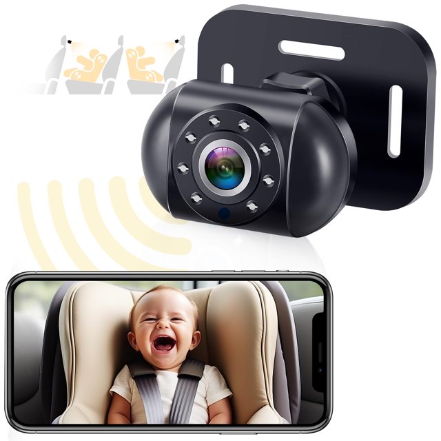 wireless baby car camera for backseat: battery powered easy setup video record - hd 1080p cordless infant carseat camera for iphone only - clear night vision rear facing camera for 2 kids - v12 cámara inalámbrica para auto con batería, vista frontal del módulo negro con lente circular y anillo de LEDs de visión nocturna, placa de montaje trasera visible; iPhone en primer plano muestra a un bebé en silla infantil. Adecuada como monitor infantil y suele usarse también como cámara trasera para revisar los asientos traseros.