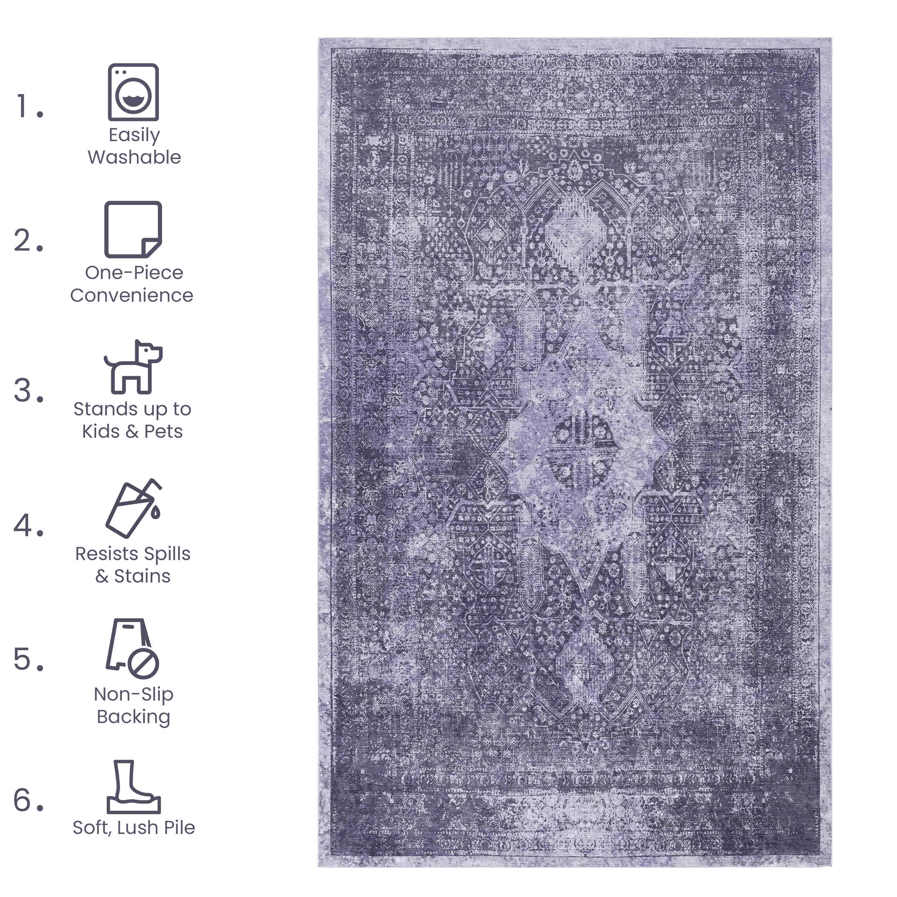 Naar Maval 4X6 Area Rug, Anthracite Oriental, Machine Washable Rugs for Living Room, Non-Slip, Non-Shedding and Foldable Rugs
