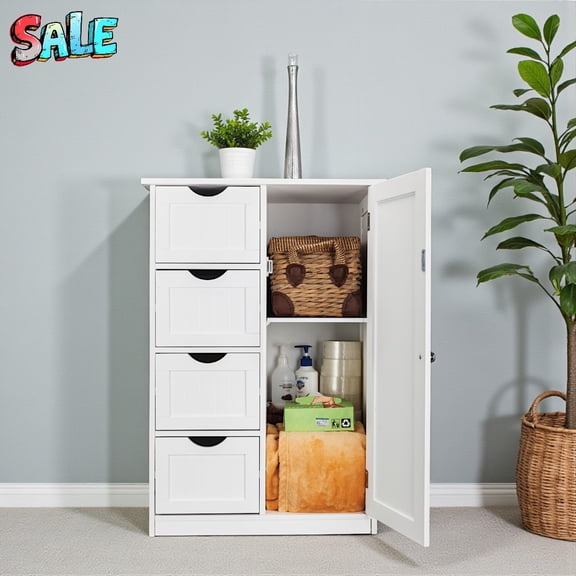 Tcbosik 22" White Bathroom Floor Cabinet with 4 Drawers, 1 Door & Adjustable Shelf, Modern Storage Organizer for Towels, Toiletries, and Home Essentials, Space-Saving