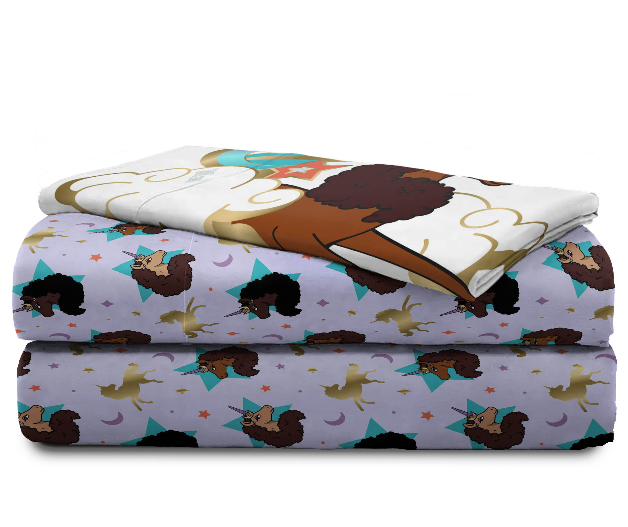 Afro Unicorn Kids 3-Piece Twin Sheet Set, Microfiber, Purple, Afro Unicorn