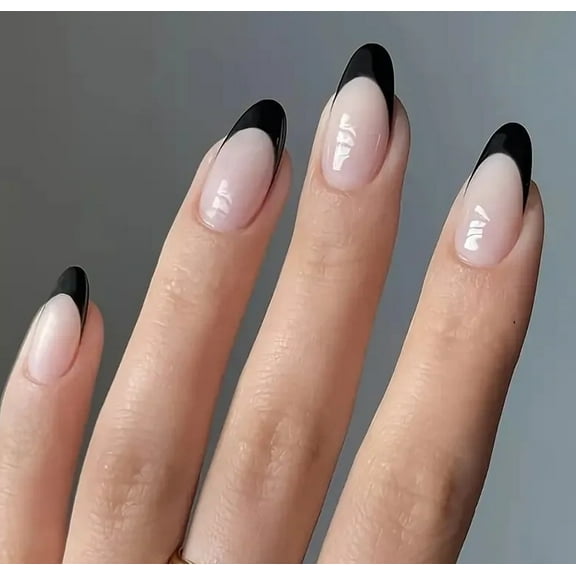 24pcs Fake Nails Pink White Glossy Medium Long Stiletto Almond Press on Nail False Tips Artificial Finger Manicure for Women (French)