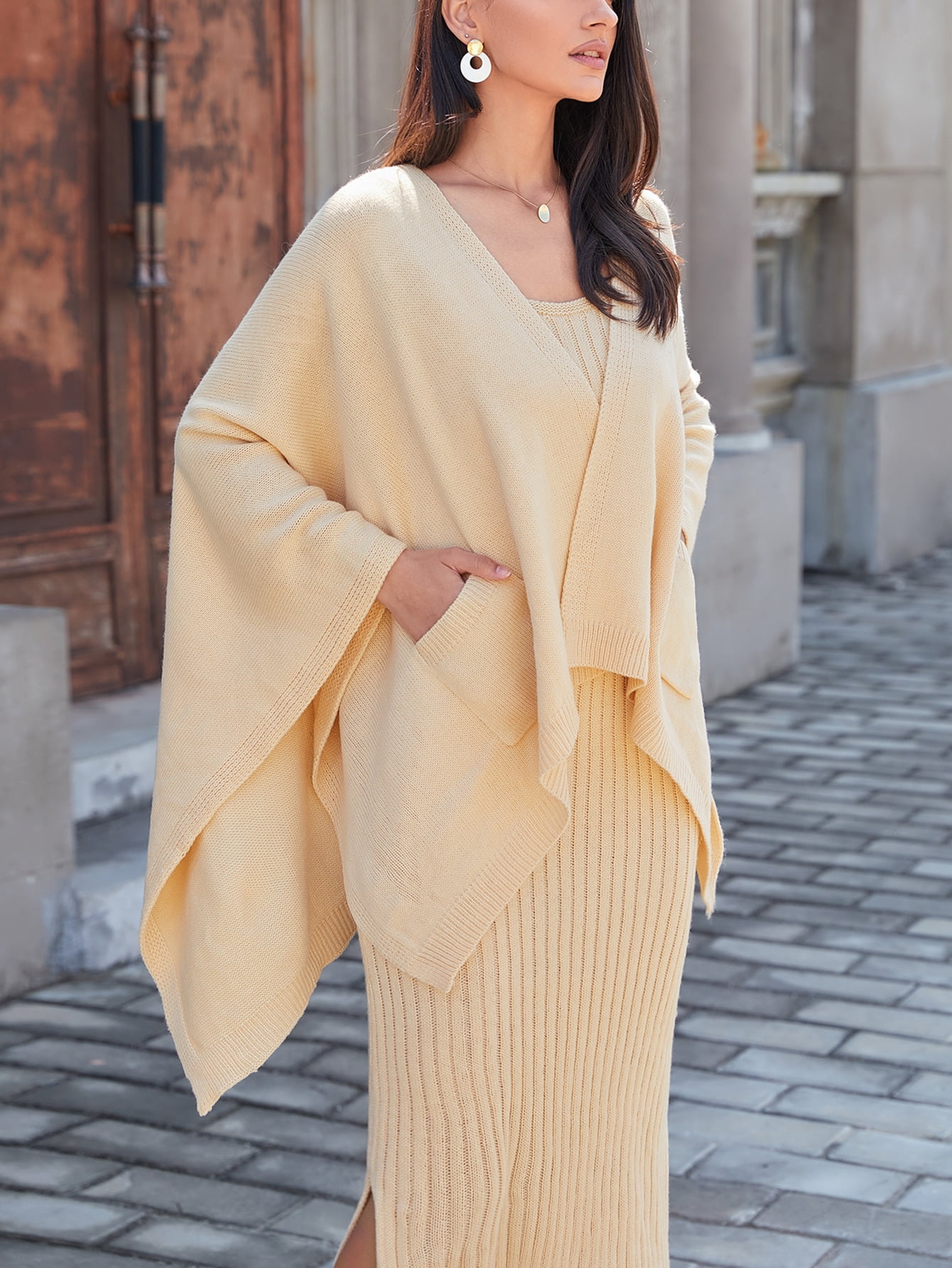 Double Pocket Wrap Cape Cardigan Slit 