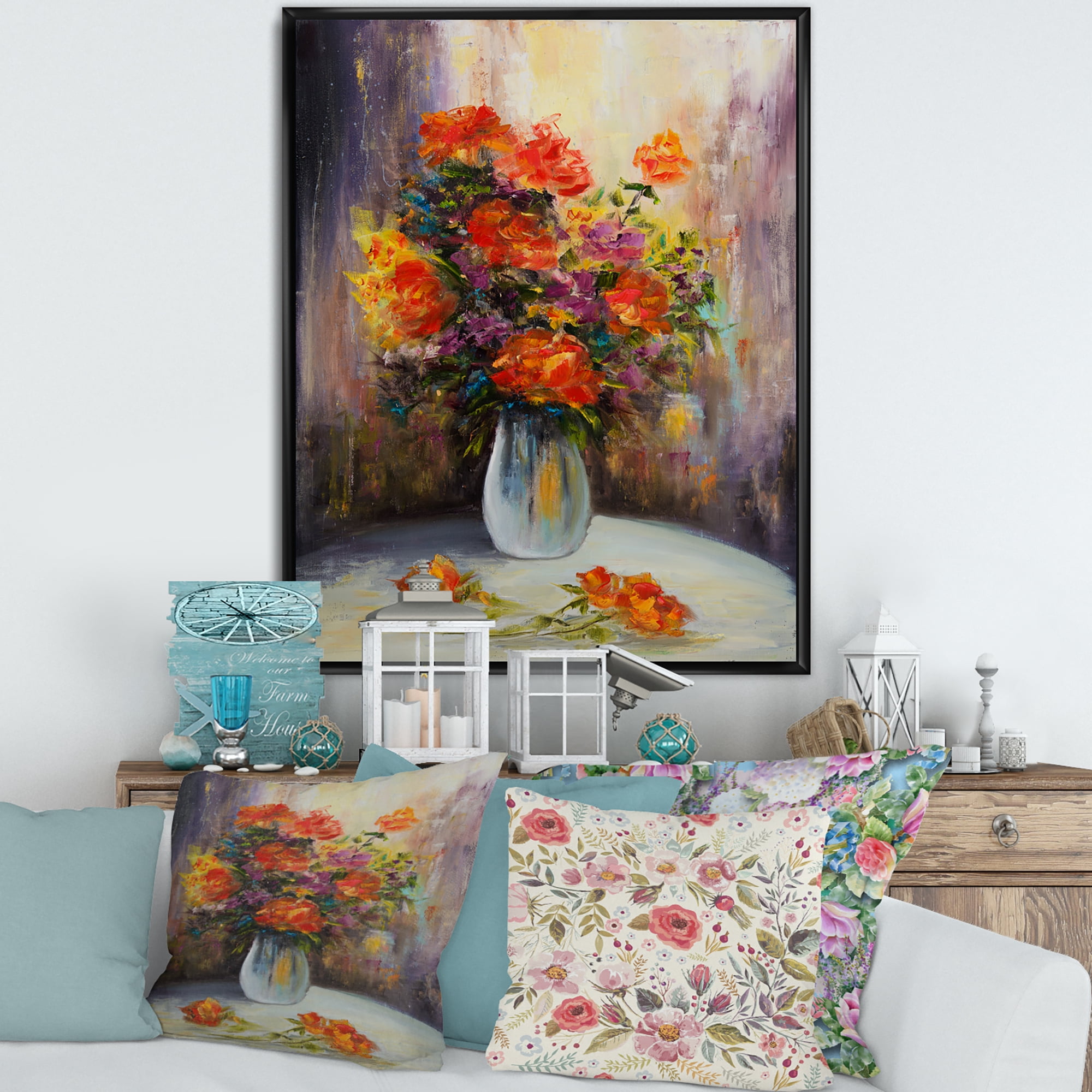 Designart 'Still Life Bouquet With Yellow and Red Flowers' Traditional Framed Canvas Wall Art Print