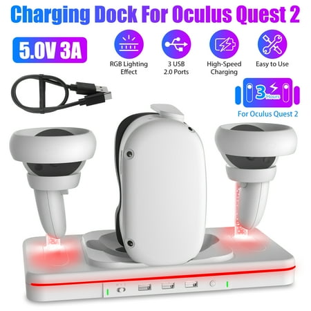 TSV Charging Station Fit for Oculus/Meta Quest 2 Headset, VR Magnetic Charging Dock, VR Headset Display Holder Controller Mount Station with LED Indicator, 3 USB 2.0 Ports