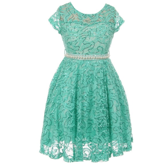 Big Girls Cap Sleeve Glitter Lace Pearl Holiday Junior Bridesmaid Flower Girl Dress USA Mint 10 (2J1K0S2)