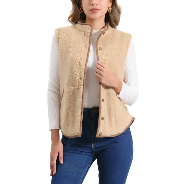 Chaleco de forro polar para mujer INSPIRE CHIC con bolsillos, sin mangas, abotonado, moda de otoño e invierno 2024, chaleco suave color marrón