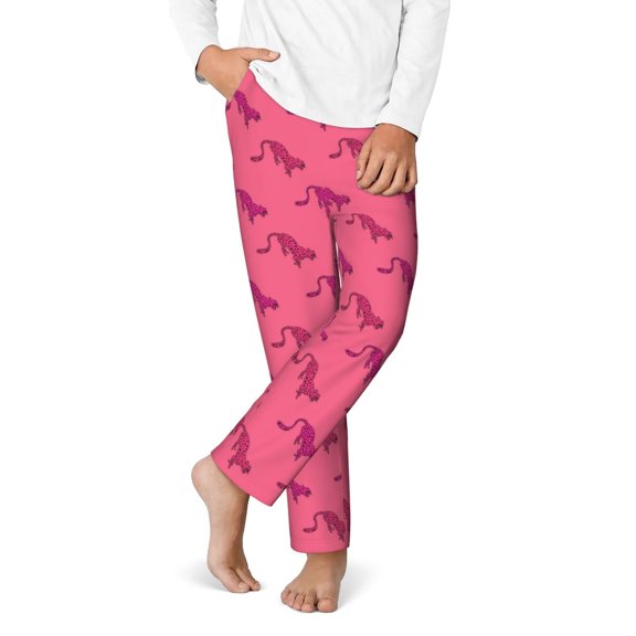 Gukieu Leopard Print Print Youth Home Trousers, Elastic Waistband with Pockets for Home and Outing, Suitable for Children Aged 5-16-XS(5-6)