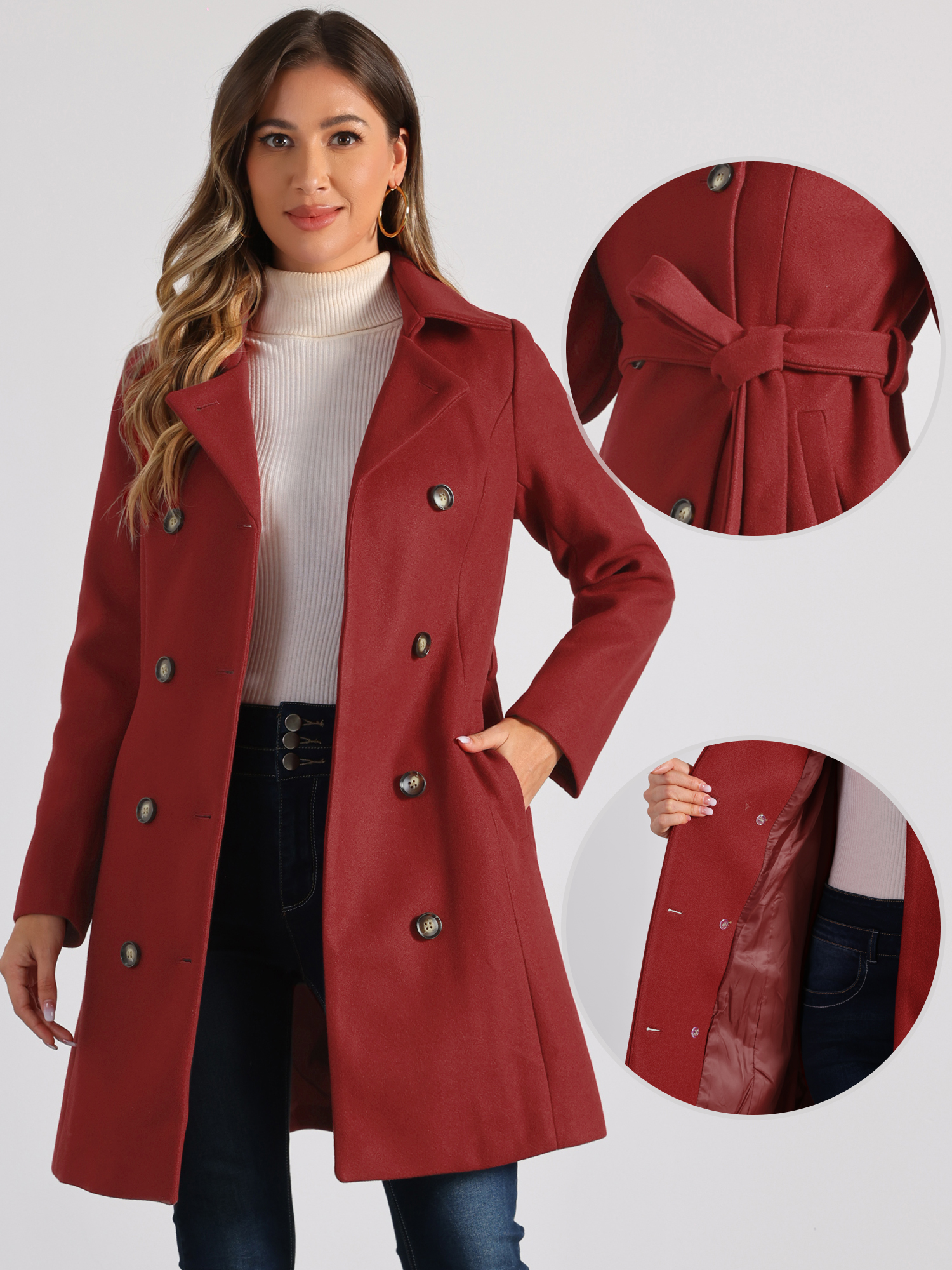 DARING DIVA Women's Double Breasted Slant Pocket Button Down Belted Coats Dark Red L