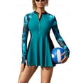 thumbnail image 1 of Charmo Womens Two Piece Rash Guards Long Sleeve Thumb Holes Zipper Swim Dress with Briefs, 1 of 7