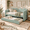 Cyan-With Trundle, variant on Twin Size Gingham Daybed with Trundle, Wave-Shaped Upholstered Sofa Bed with USB Charging Port, Linen Fabric, No Box Spring Needed, Multifunctional Twin Bed for Kids, Teens & Guests