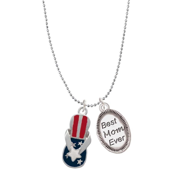 Delight Jewelry Silvertone USA Patriotic Flip Flop with White Star Best Mom Ever Charm Necklace