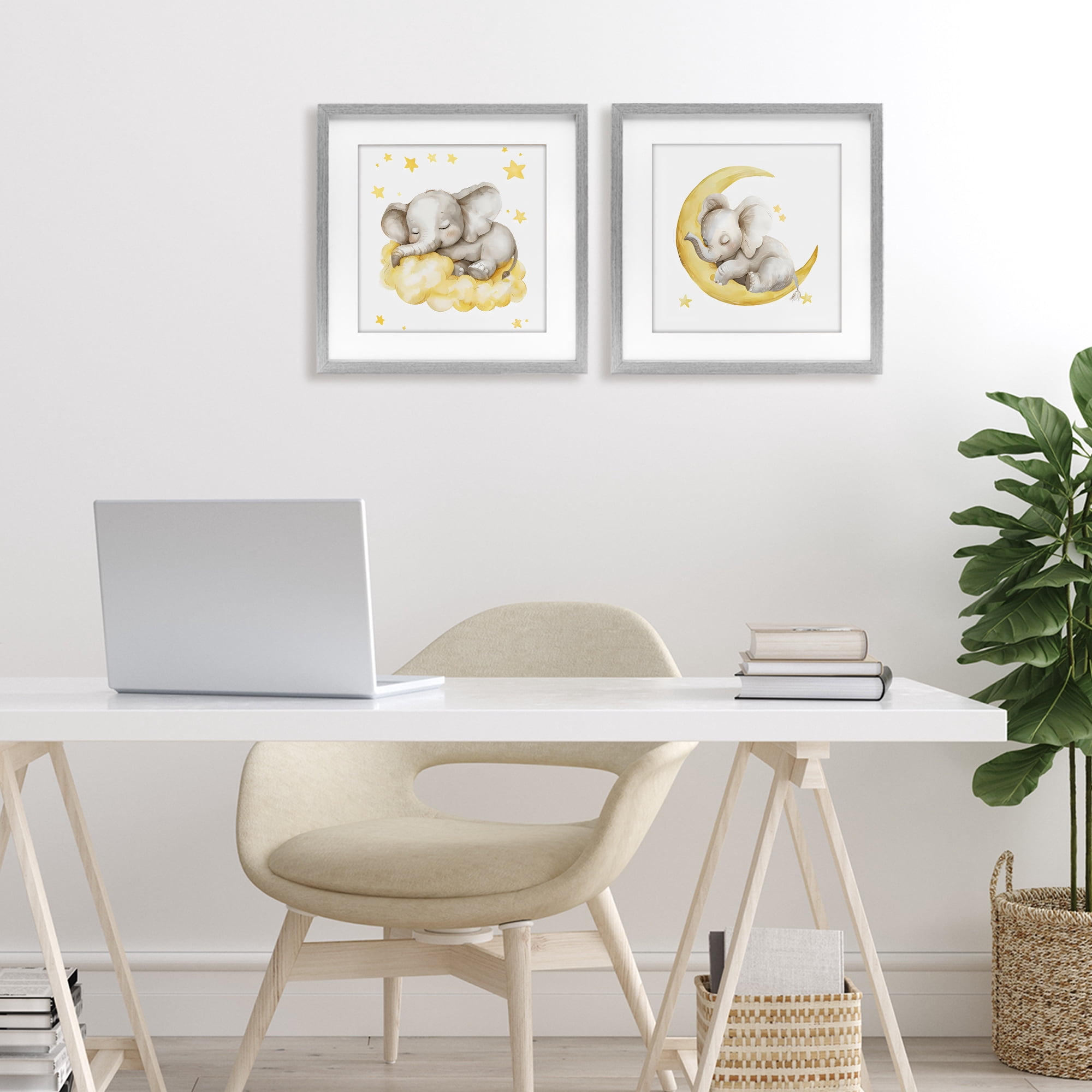 Stupell Industries Sleeping Elephant Moon and Clouds 2 Piece Gray Framed Print Under Glass Set, design by LSR Design Studio