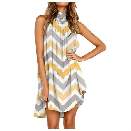 OJSFQUFP Graduation Dresses Yellow Women Summer Dresses for Neck Flowy Sleeveless Knee Length Irregular Beach Dress Elegant and Stylish Dress Vacation Style Dress XL