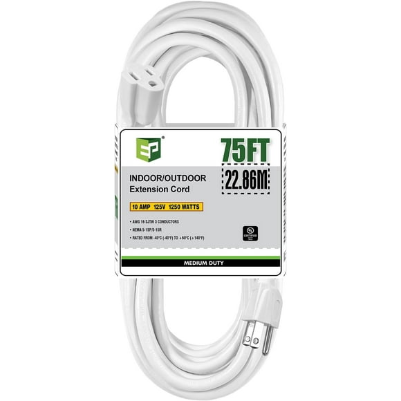 EP Rallonge Extérieure Noire de 75 Pi, 16/3 SJTW Robuste et Étanche, Fiche à 3 Broches Mise à la Terre, 13A 1625W 16AWG, Câble d'Alimentation Flexible Résistant au Froid pour Jardin, Maison, Lumières de Noël, Homologué UL