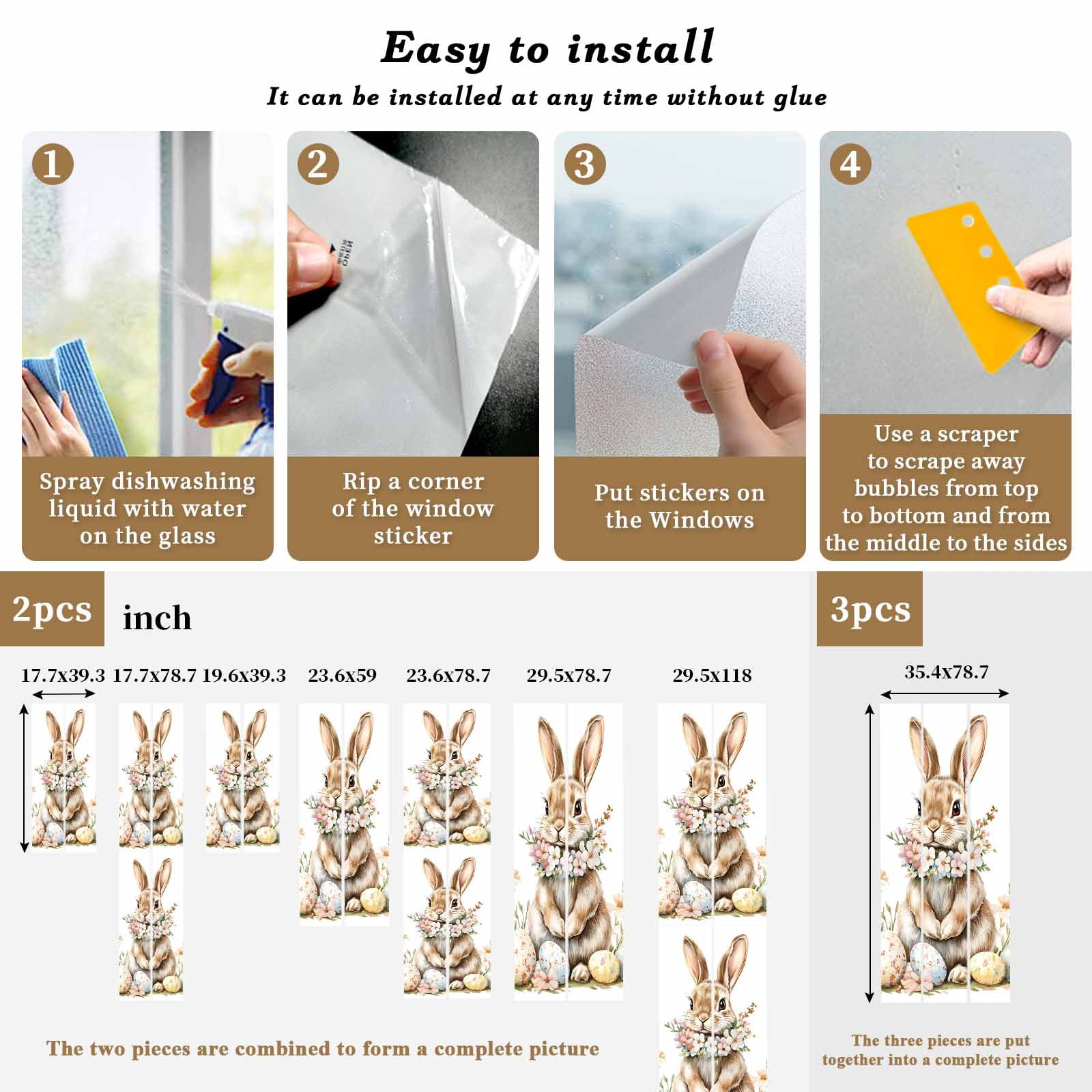Easter Bunny Window Privacy Film, Eggs Wreath Frosted Glass Window Clings Static Cling UV Heat Blocking Reusable Door Sticker for Bathroom 23.6 x 59 Inch
